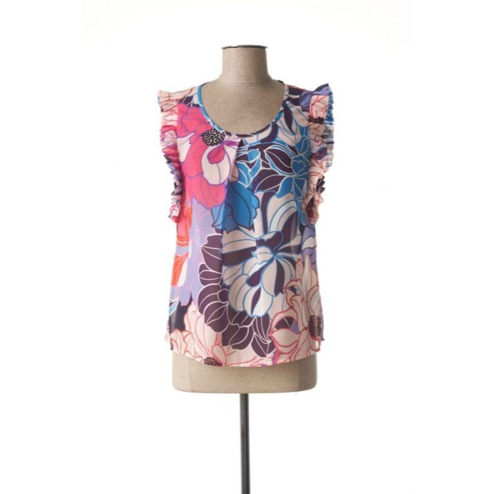 Molly Bracken Womens Top S Colorful Floral Ruffle Sleeveless Blouse Chiffon